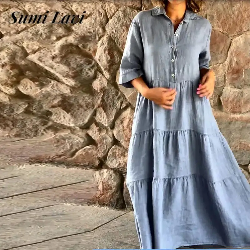 

2023 Casual Ladies Half Sleeve Loose Long Dress Summer Solid Color Cotton Linen Dress Women Lapel Button A-line Shirt Dress Robe