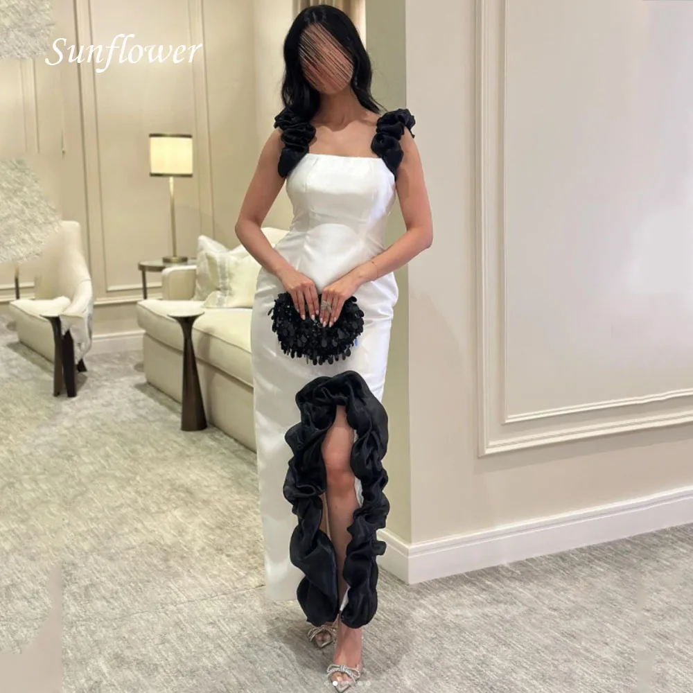 

Sunflower Square Collar Prom Gowns Spaghetti Strap Mermaid Evening Dress Side Split Ruffles Satin Party Dress2023High-end Custom