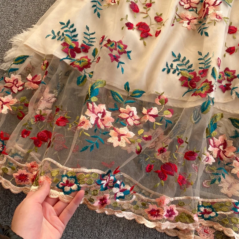 Fitaylor Summer New Arrival Women Vintage Mesh Floral Embroidery Maxi Dress Ladies Retro Bow A-line Slim Party Plus Size | Женская