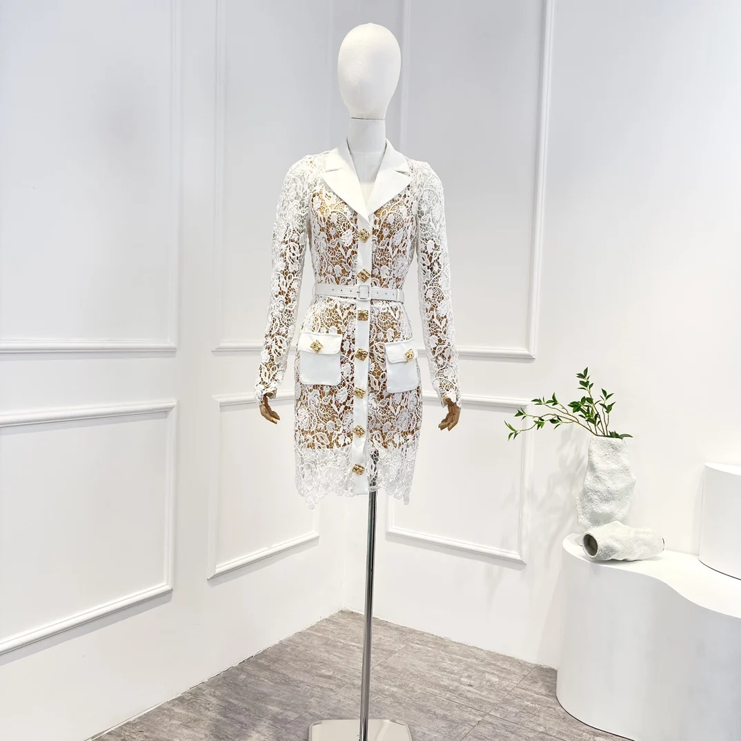 

Women Top Quality White Spring Summer Long Sleeve Hollow Out Lace Embroidery Golden Buttons Mini Dress 2023 New