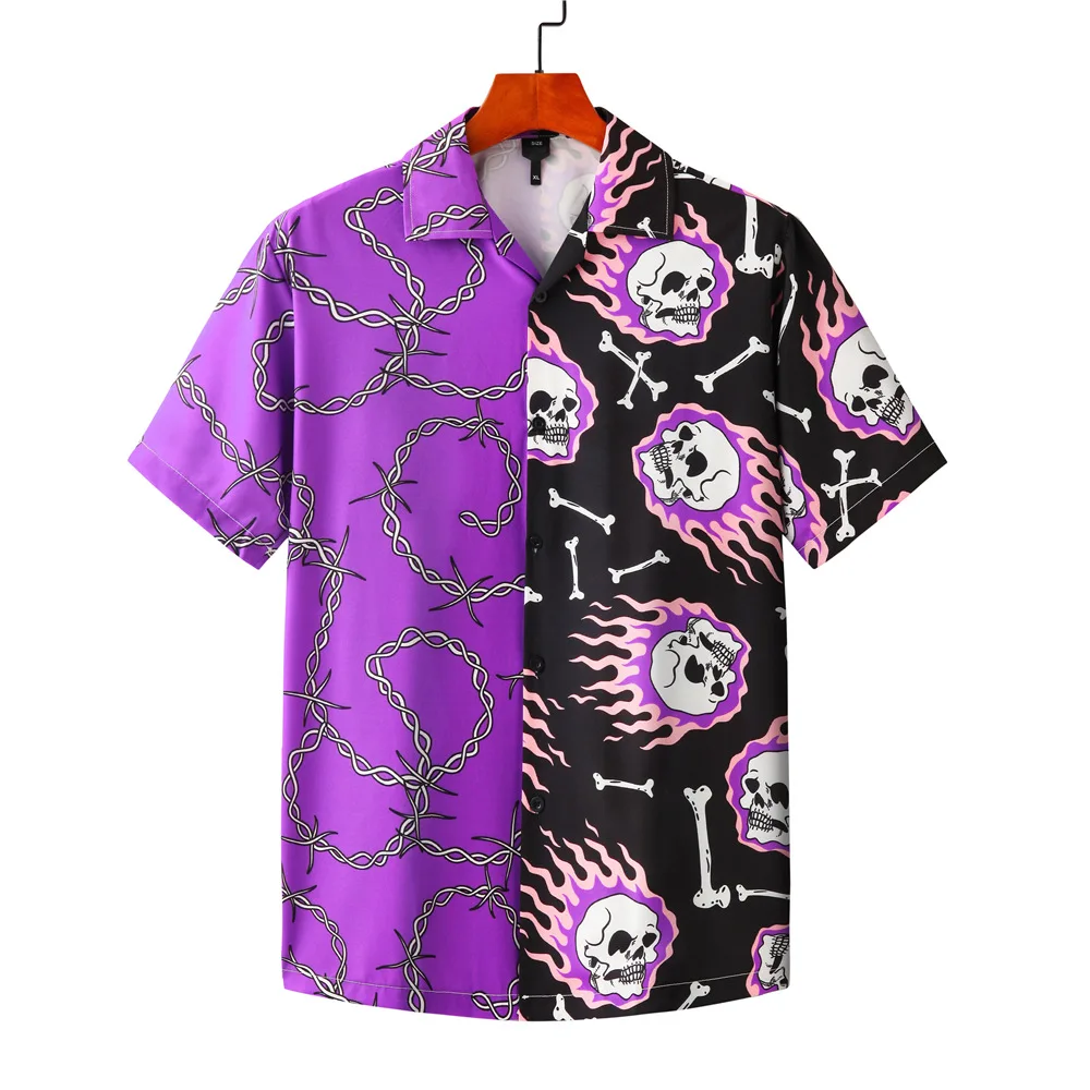 

Koszula Purple Black Patchwork Vintage Shirt Summer New Mens Hawaiian Short Sleeve Skull Printed Oversized Beach Shirts Man Hemd