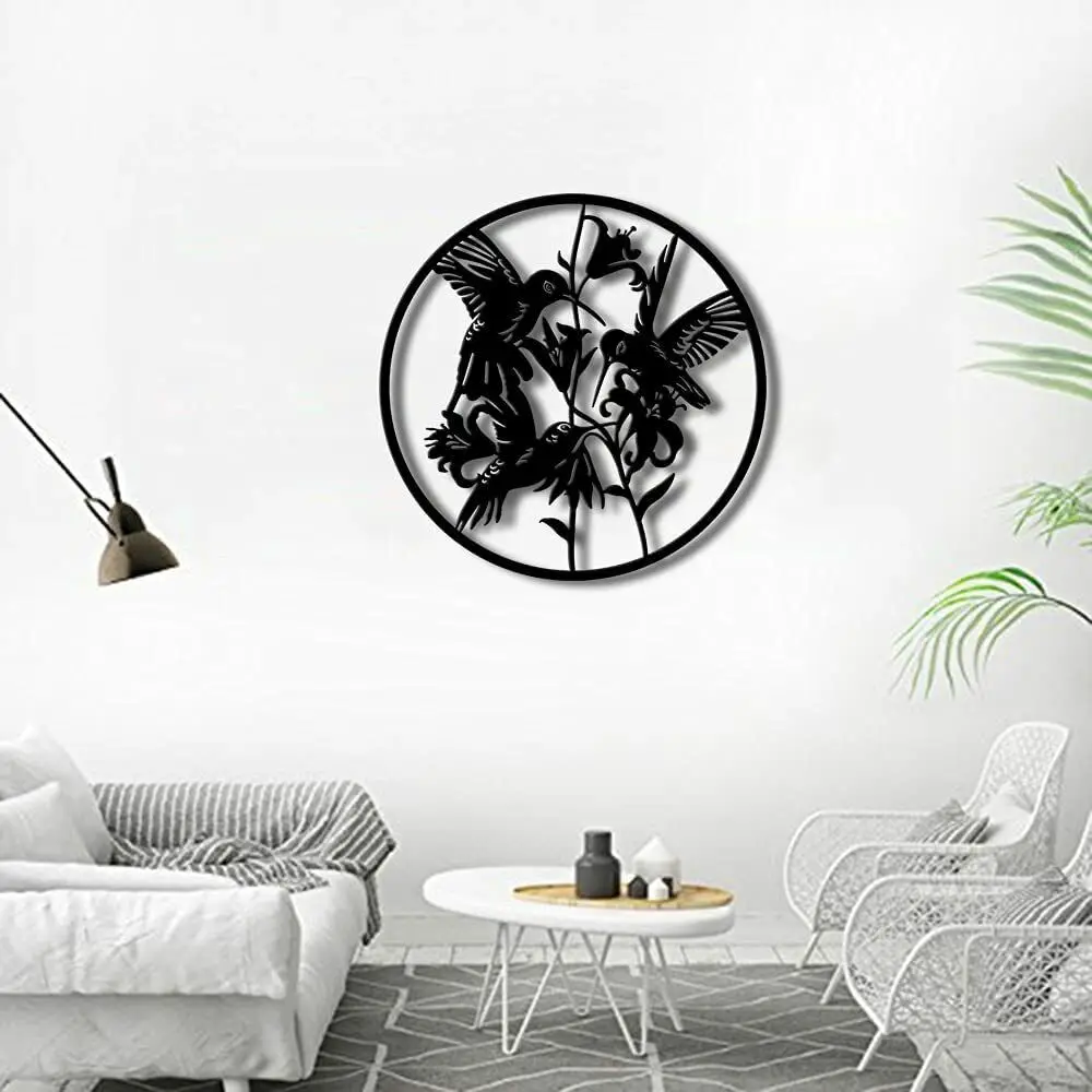 

Round Animal Metal Wall Decor Flying Hummingbird with Lily Flower Metal Wall Art