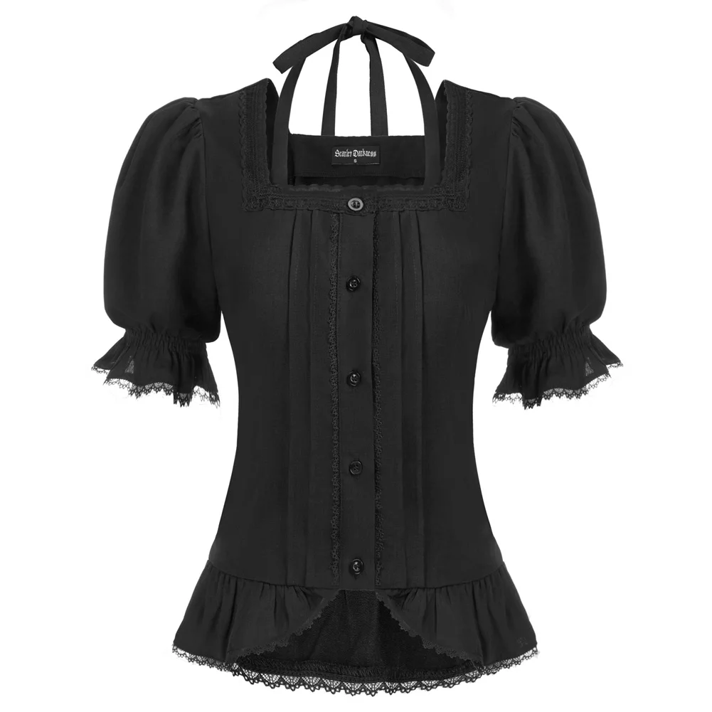 

SD Tops Women Summer New Renaissance Pleated Lace Trim Shirts Short Sleeve Square Halter Neck Blouse Lace-Up Back Tops 2022