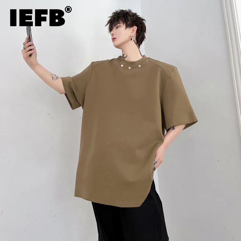 

Футболка IEFB мужская с металлическими заклепками, свободная модная тенниска с вырезом, модная майка с коротким рукавом, Однотонная рубашка, 9A8888, на лето