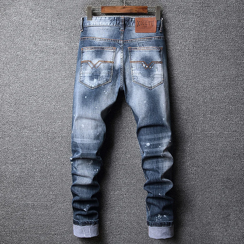 Fashion Designer Men Jeans Retro Blue Elastic Slim Fit Printed Ripped Jeans Men Vintage Trousers Hip Hop Denim Pants Hombre