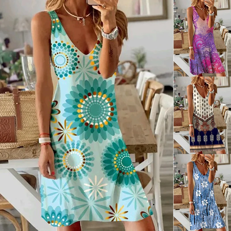 

2022 Summer Women Loose Floral Vintage Hole Ruffles Befree Print Dress Summer Camis Party Elegant Maxi Dresses