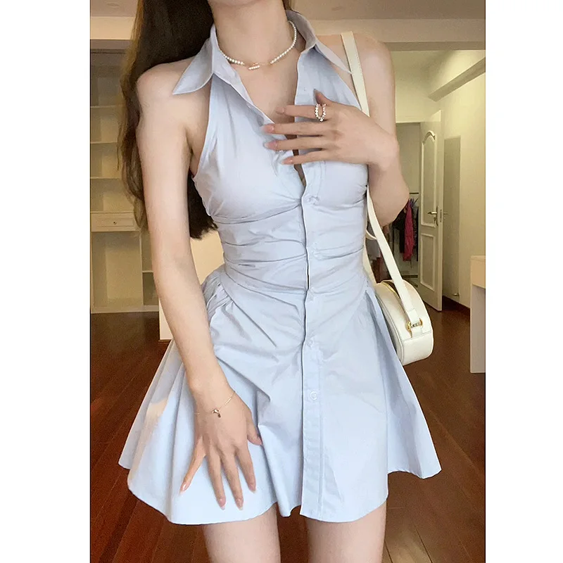 

Летнее Новое дизайнерское платье-рубашка без рукавов на пуговицах, голубое платье, короткая юбка-зонтик, короткое плиссированное платье ми...
