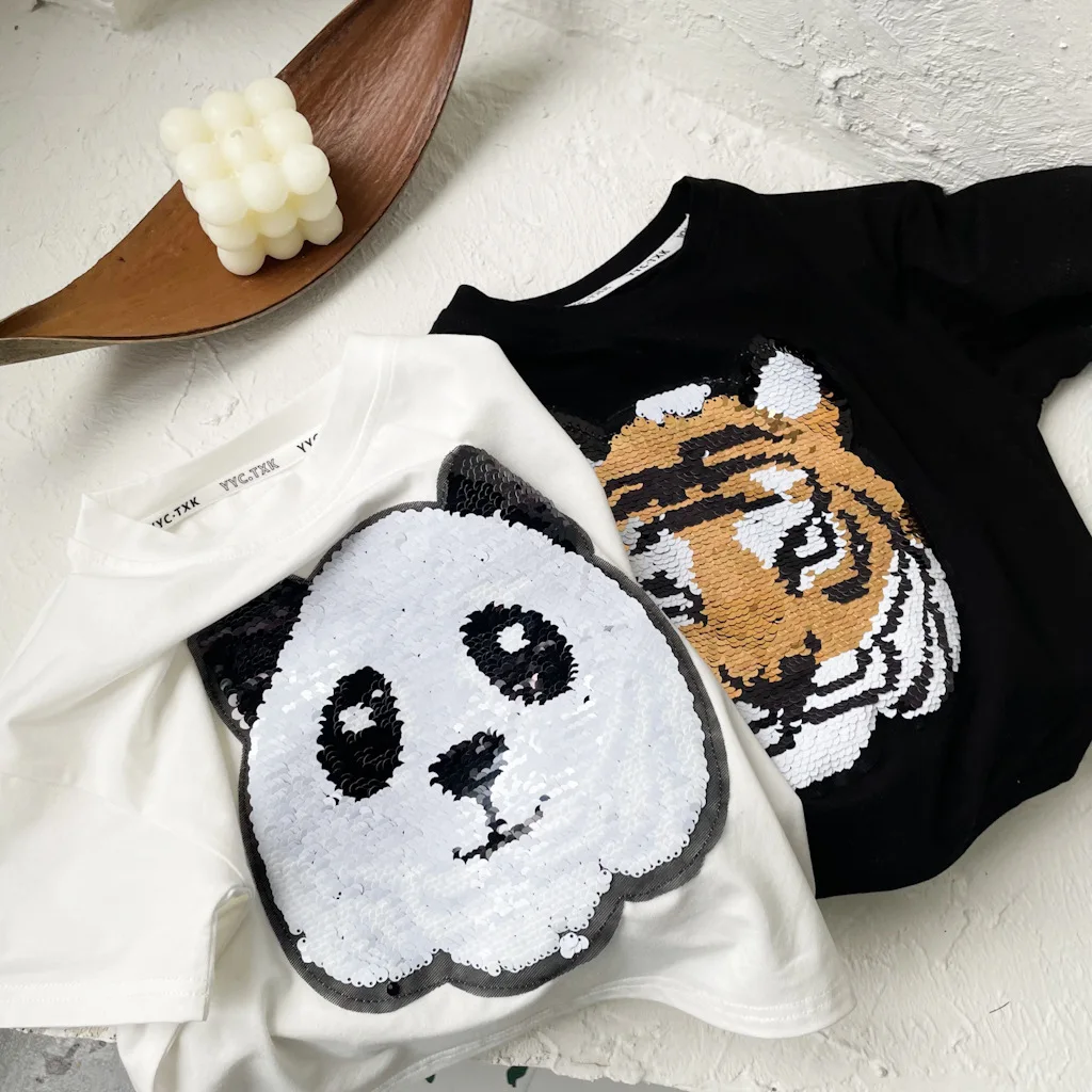

2022 Xia Chao brand tiger panda sequin T-shirt children's cartoon boy short-sleeved baby summer clothes