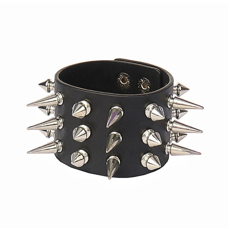 

2022 trend Spike Studded Bracelet Rock Punk Biker Wide Strap Leather Bracelet Gothic Rivets Snap Button Black Wristband Unisex
