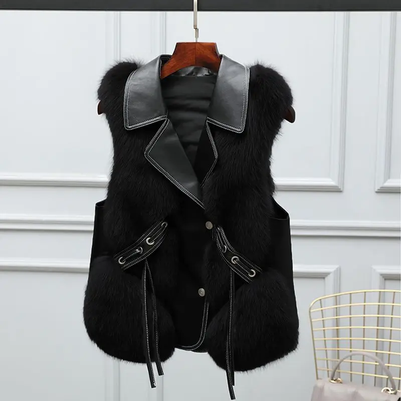Parkas Women's Short Outdoors Coats Jackets Vests 2022 Winter Faux Fur Fox Hair PU Splicing Bandage Warm Fashion Waistcoat Woman