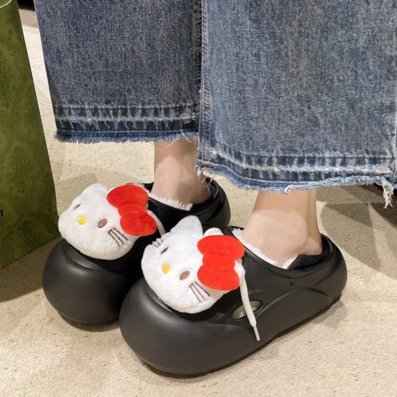 Sanrio Hello Kitty осенне-зимние плюшевые теплые хлопковые тапочки с сумкой женские