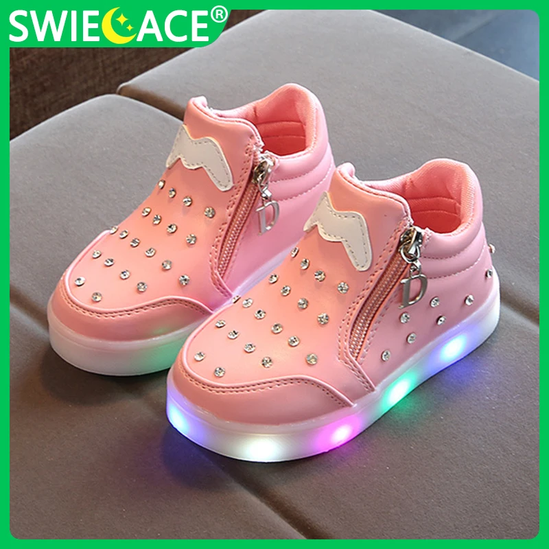 

Size 21-30 Baby Girls LED Glowing Princess Shoes Children Luminous Shoes Soft Sole Casual Shoes for Girls Kids Shoes with Lights