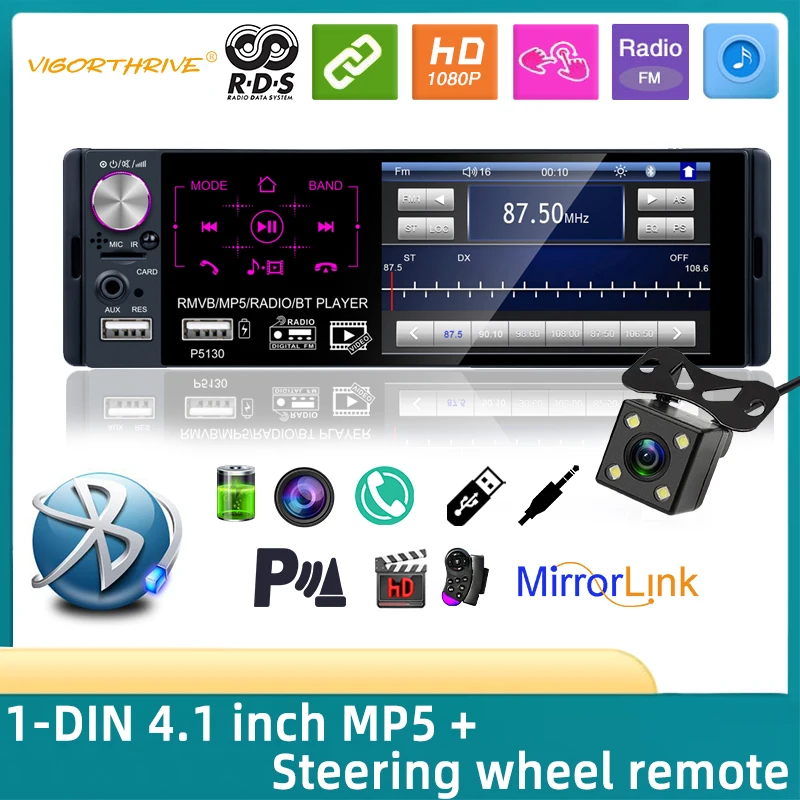 

1 Din Car Radio 4.1" HD Audio Stereo Multimedia Player Bluetooth MP5 Player Autoradio Touch Screen AM FM Radio RDS U-disk AUX