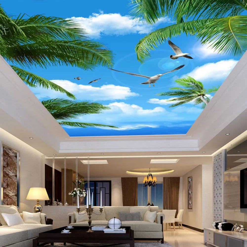 

Custom 3D Photo Wallpaper Blue Sky Sea Coconut Trees Seabirds Living Room Suspended Ceiling Non-woven Wall Mural Wallpaper 3D