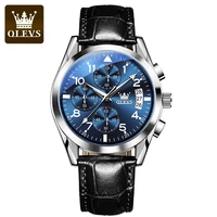 olevs fashion pilot mens multifunctional leather quartz watch chronograph blue dial with calendar luminous waterproof men watch