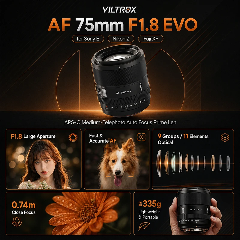 Фото Телеобъектив Viltrox 75mm f1.8 EVO с автофокусом для беззеркальных камер Sony E, Fuji X, Nikon Z (APS-C) №2