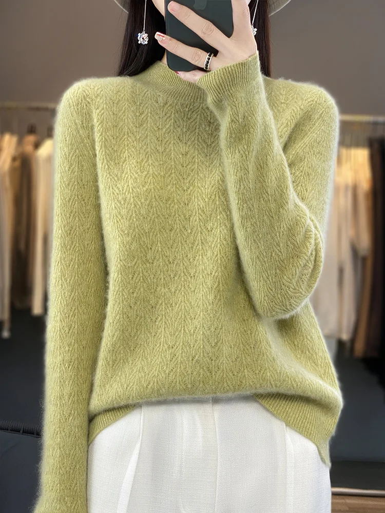 

Stylish Half High Collar Solid Color Knitted 100% Wool Sweater Women's Clothe 2023 Autumn New Loose Casual Pullovers Commute Top