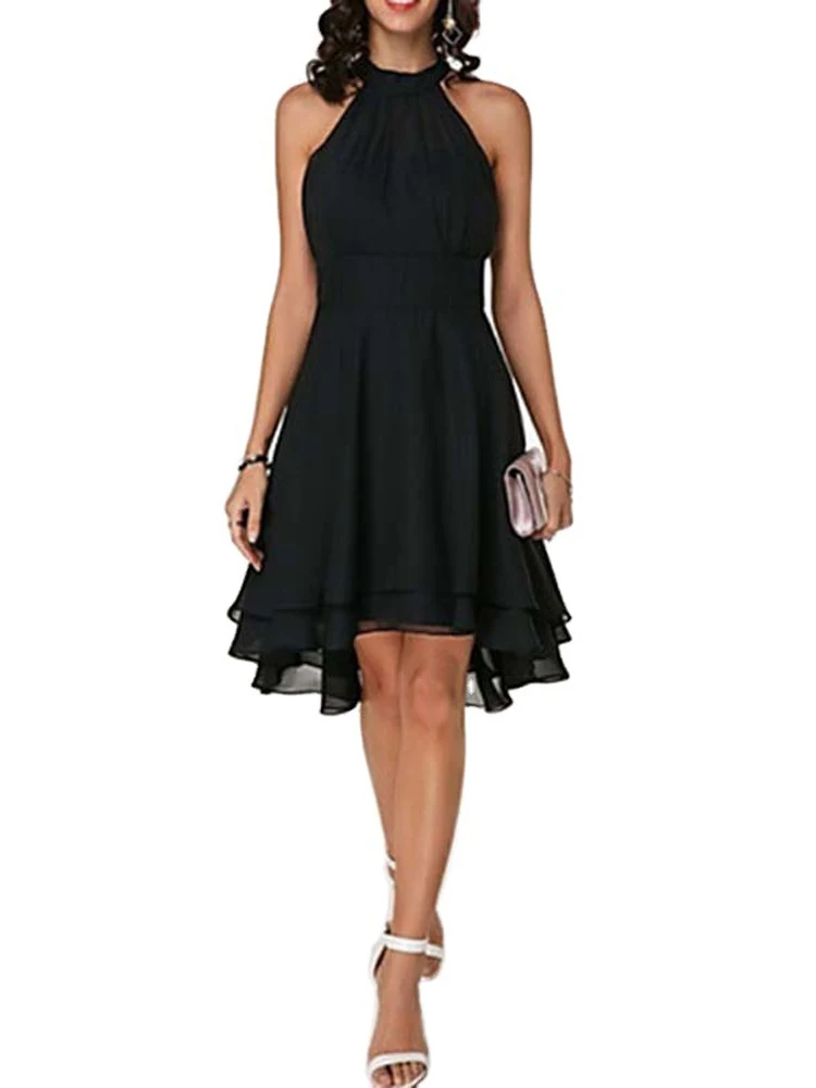 

Women Elegant Dress Summer Solid High Waist Halter Sleeveless Midi Dresses Ladies Cropped Layered Chiffon Party Slim Dresses