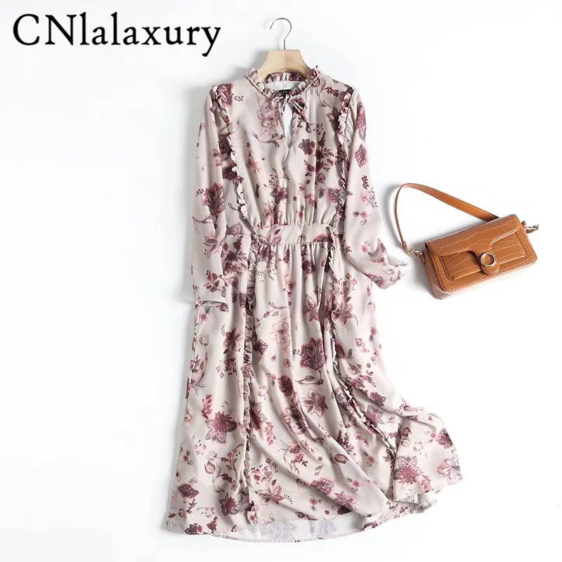 

CNlalaxury Spring V Collar Floral Print Women Dress Female Pleated Dresses Summer Party Midi Chiffon Vestidos femme Robe 2022