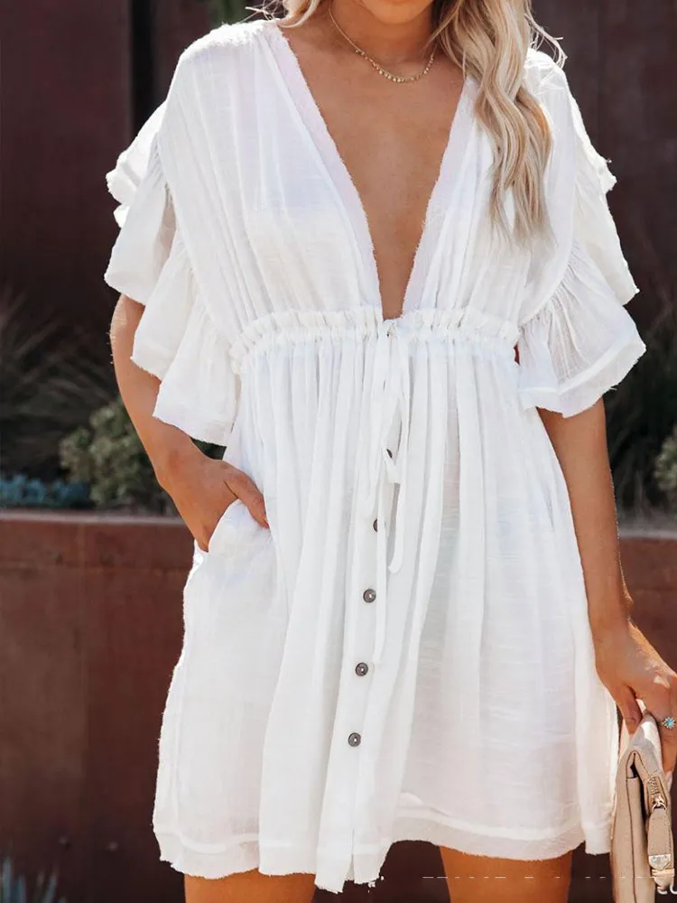 

Summer Beach Dress Ruffles Solid Dresses Women Cover Ups White Beachwear Sexy V Neck Short Mini Dress Dresses for Women 2022