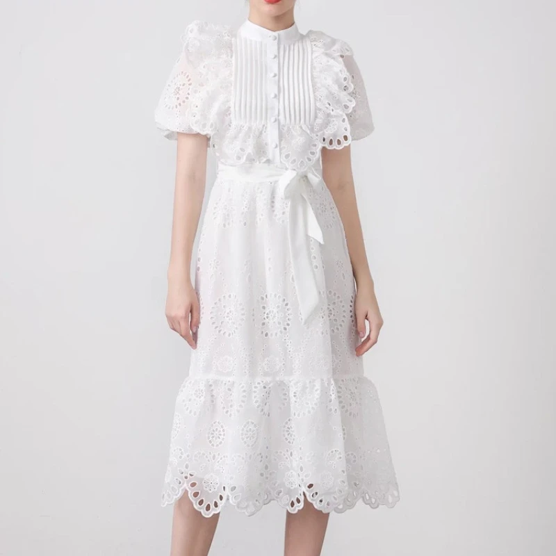 

2022 Women Elegant White Party Vestidos Feminino Runway Fashion Lantern Sleeves Summer Hollow Embroidery Midi Dress for New Year