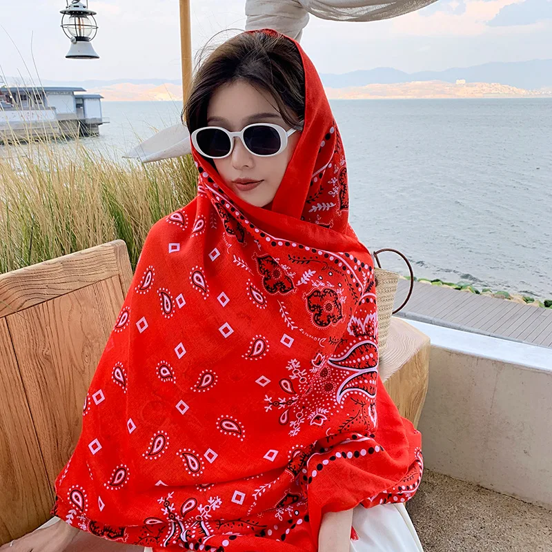 

Retro Red Cashew Travel Summer Ethnic Style Scarf Outer Wear Long Thin Seaside Shawl
