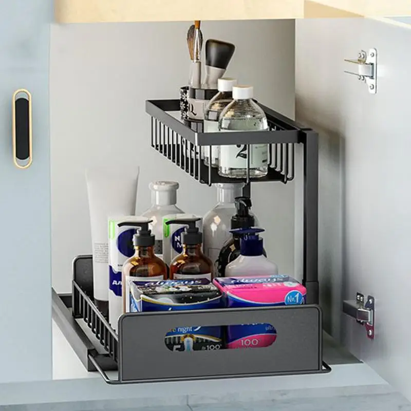 

Stackable 2-Tier Under Sink Cabinet Organizer Multipurpose Adjustable Height Sliding Storage Drawer Bathroom Organizer Shelves