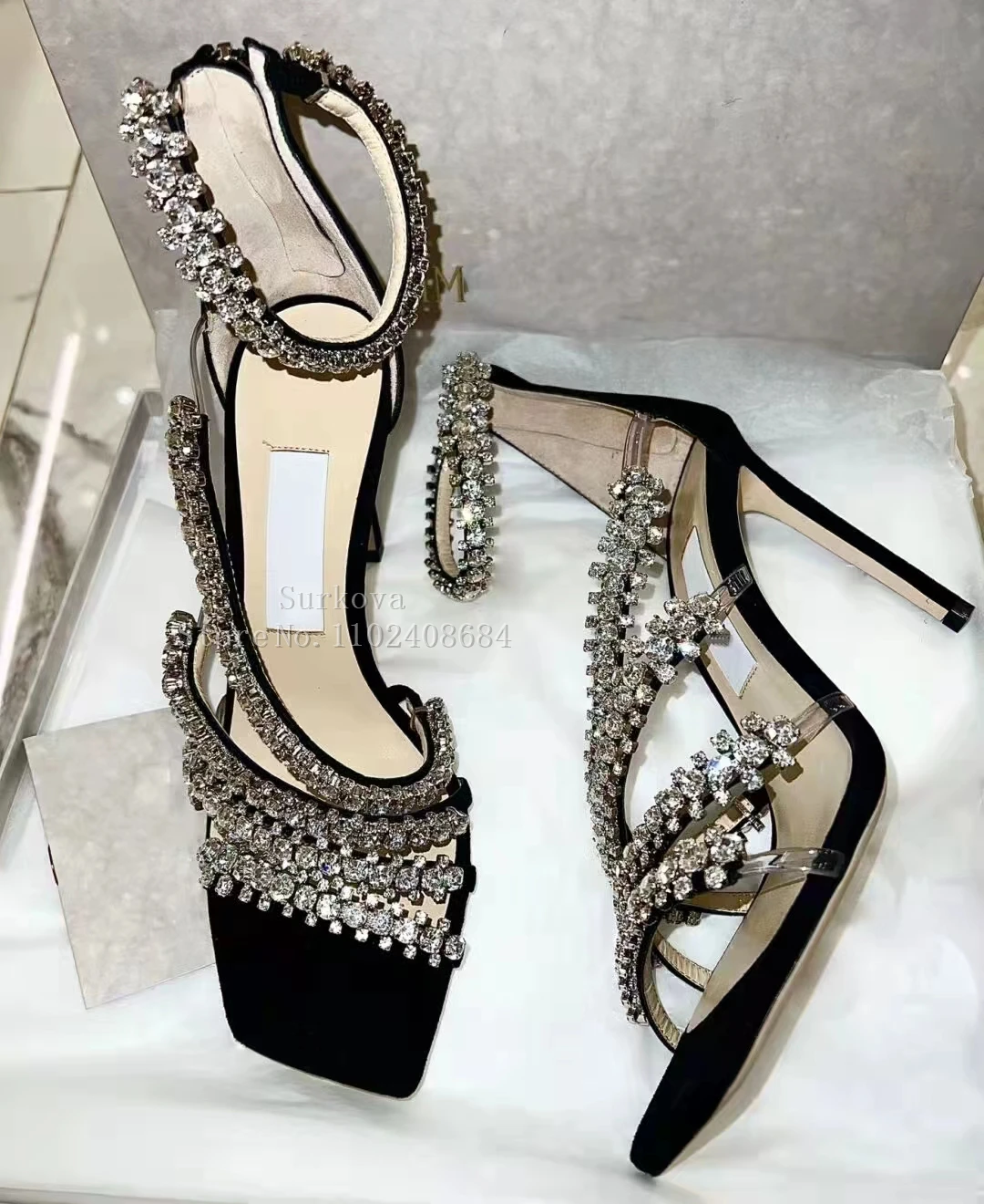 

Black Suede Crystal Embellished Strappy Sandals Fashion Thin High Heels Open Toe Pumps Summer Bling Bling Zipper Gladiator Shoes
