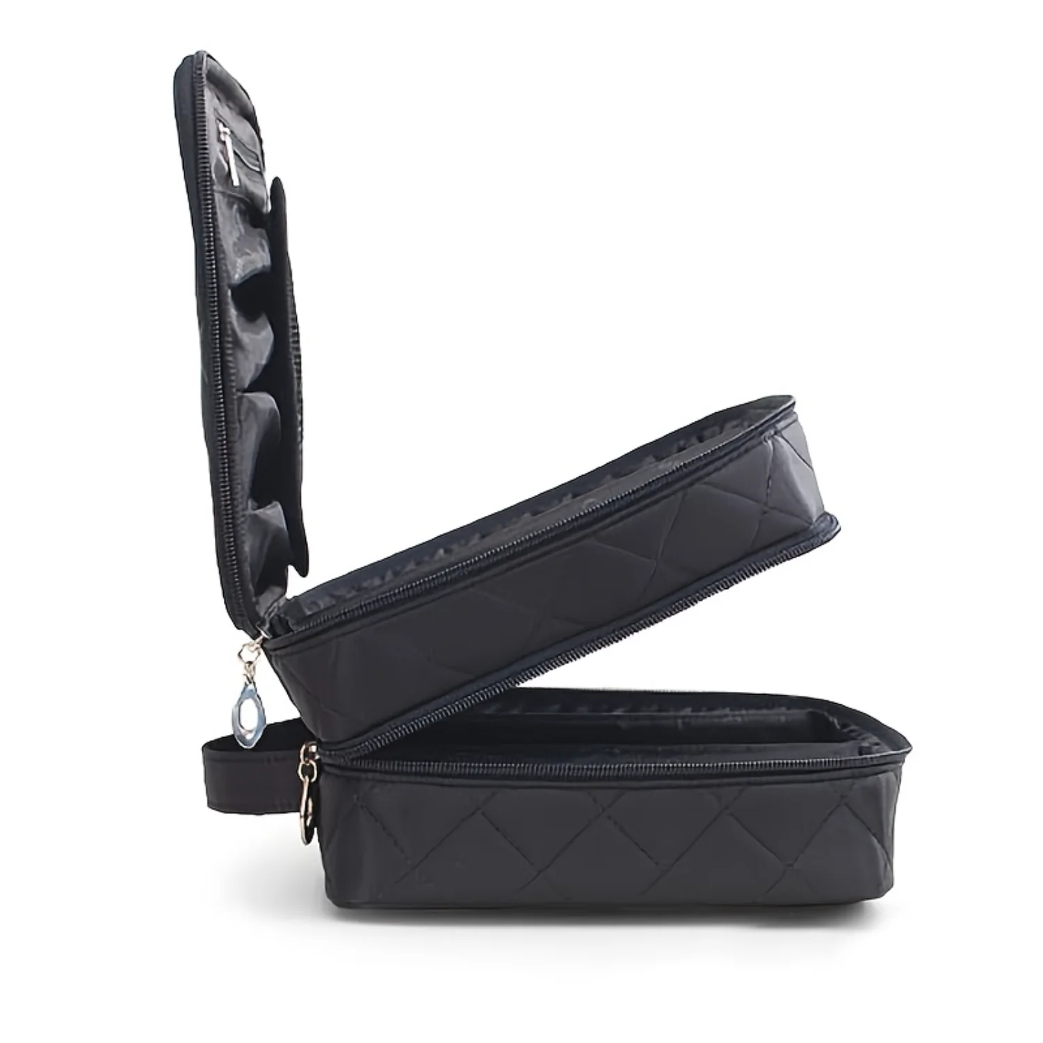 Chic Foldable Black Cosmetic Bag – Double Layer Large Capacity Water-Resistant Organizer with Zipper & Handle