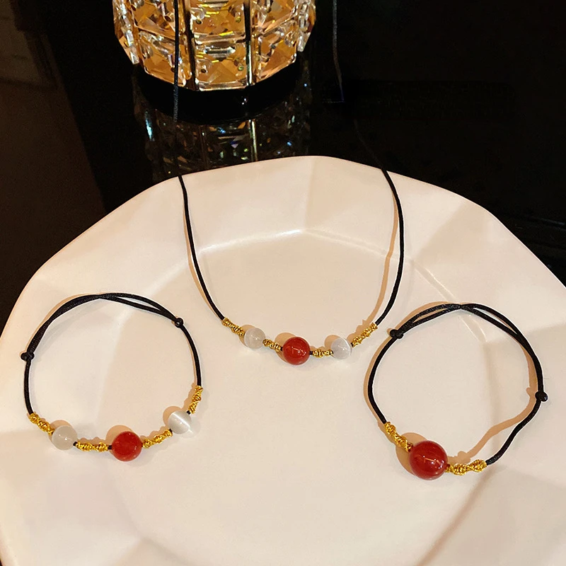 

Simple Natural Red Agate Stone Bead Bracelet Necklace Braided Adjustable Size Couple Bracelet Fashion Jewelry Gift