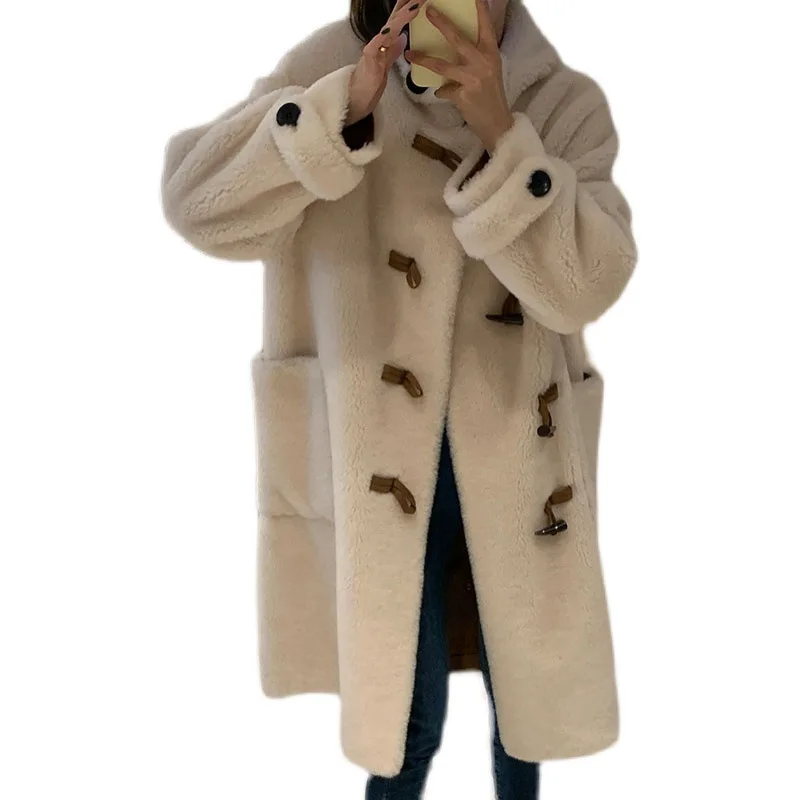 Winter long granular fleece hooded lambswool coat coat women
