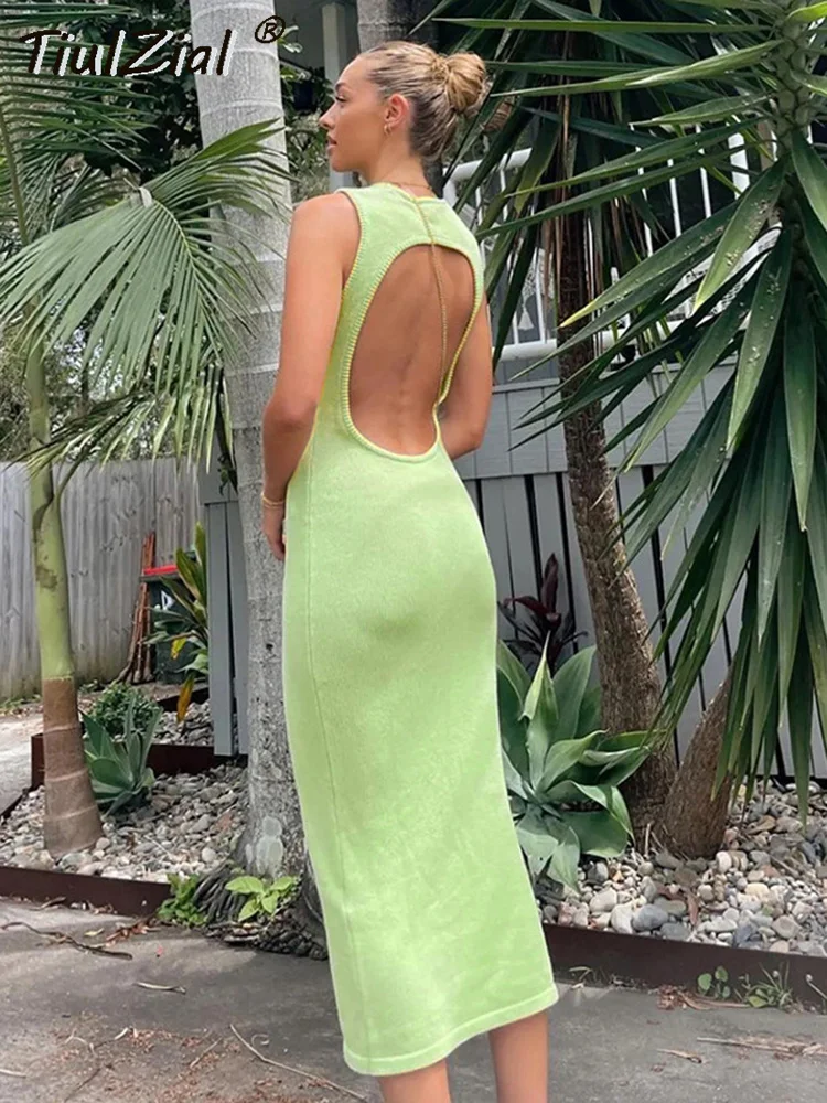 

TiulZial Ribbed Knitted Backless Midi Dress Women Summer Sleeveless Bodycon Dress Club Party White Green Women Outfits