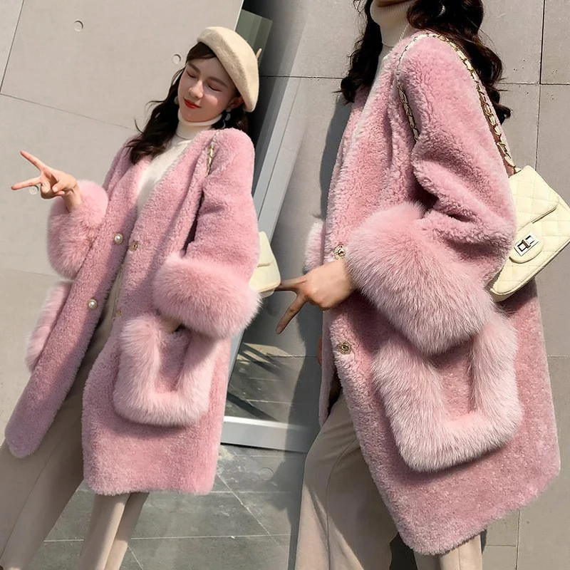Women Artificial Mink Fur Trench Coat Imitation Fox Fur Coat Cardigan Pocket Single-breasted Wool Furry Tops 2023 Winter Autumn