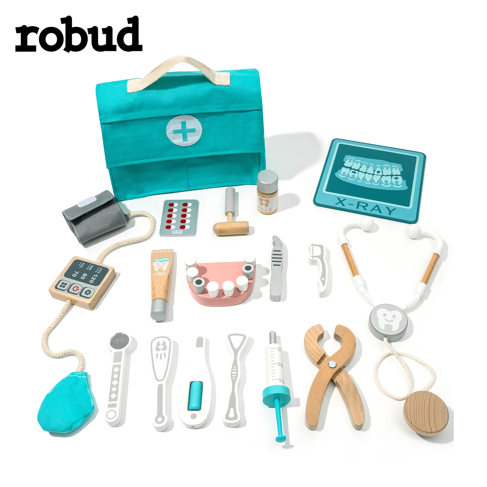 ROBUD Wooden Doctor Kit for Kids Toddlers 18 Pieces Pretend Play Dentist Medical Playset Gift for 3+ Years Old Boys & Girls