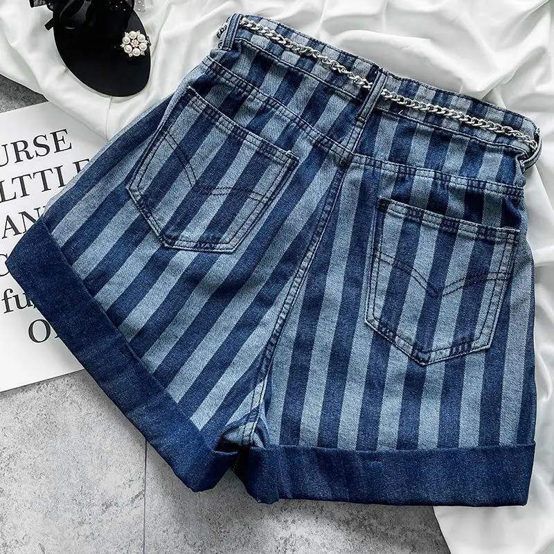 Summer New High Waist Slim A-line Casual Shorts Ladies Vertical Stripes Zipper Denim Pants Fashion Trend Women Clothing