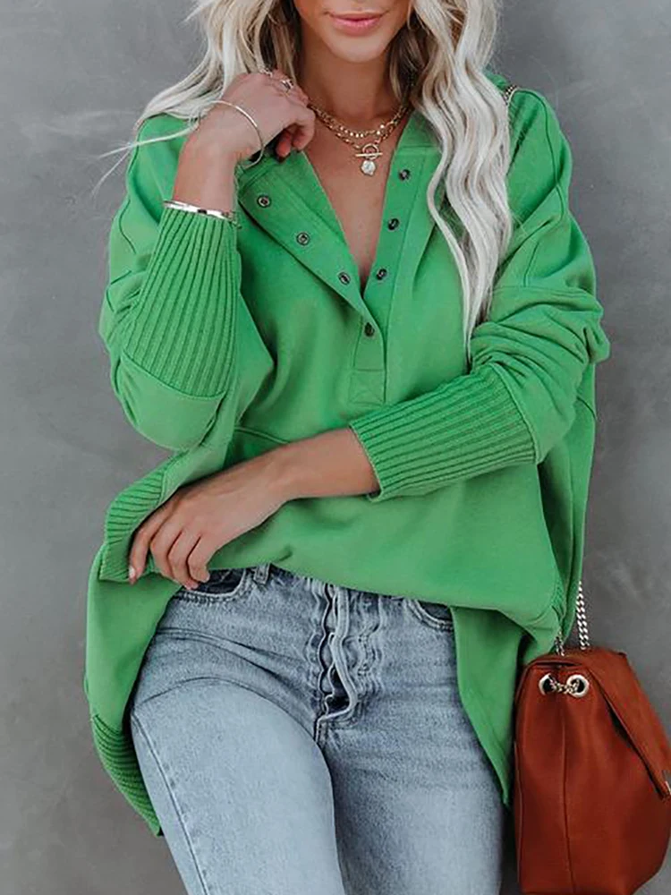 

Fashion Women's Patchwork Pullover Tops Ladies Pockets Button V-Neck Solid Hoodies Long Sleeve Casual Sweatshirts