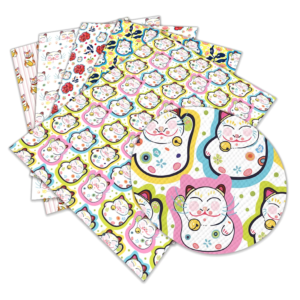 

For DIY Hair Bows Earrings Craft 22*30cm Kawaii Fortune Cat Cartoon Printed Faux Leather Sheets Lychee Bottom Synthetic Fabric