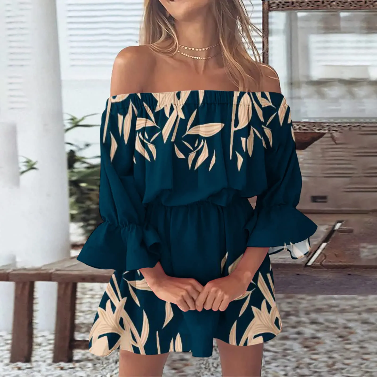 

Summer Dresses For Women 2023 Beach Sexy Off Shoulder Tunic Sundresses Casual Loose Fit Bell Sleeve Mini Floral Dress