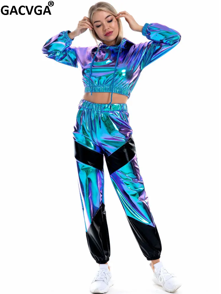 GACVGA 2024 New Shiny Long Sleeve Crop Tops Hoodies Sweatshirts And Trousers Women Stretchy Two Piece Pant Set