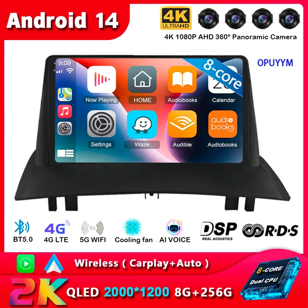 Автомагнитола Carplay на Android 14 для Renault Megane 2 2002 - 2006 2007 2008 2009 мультимедийный плеер