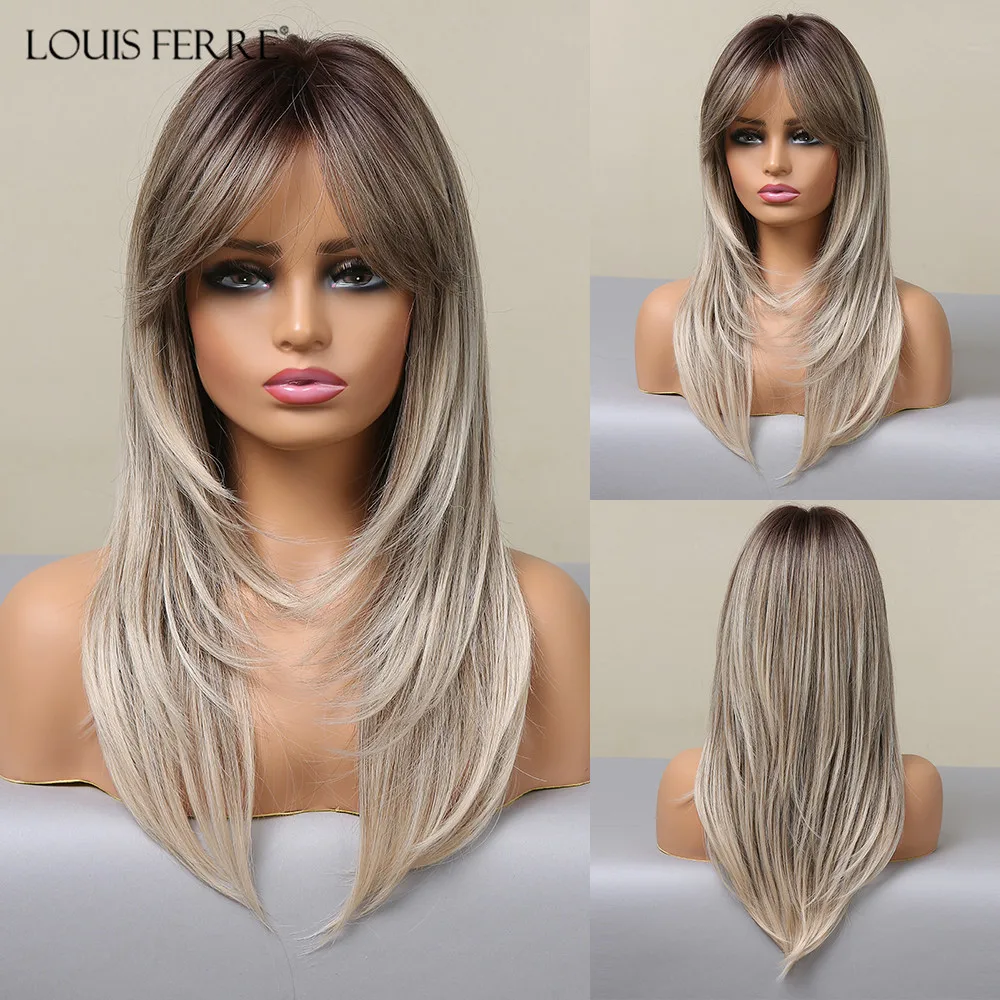 

LOUIS FERRE Long Straight Brown Synthetic Wig for Women Ash Light Blonde Wigs with Bangs Daily Ombre Layered Hair High Resistant