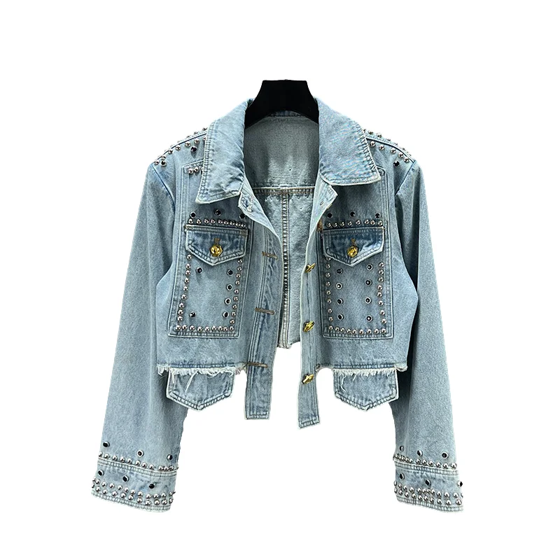 Винтажные синие джинсовые куртки с заклепками и бриллиантами большими карманами