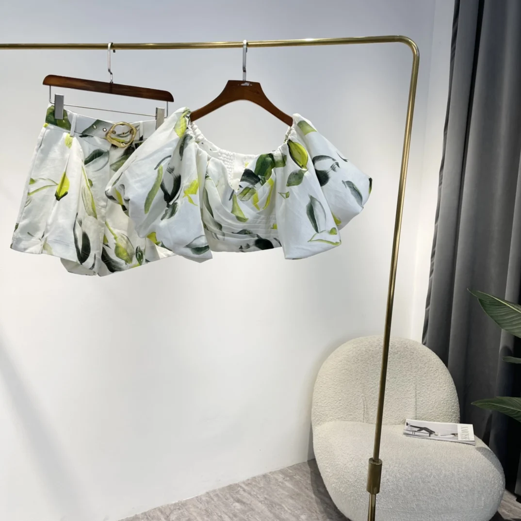

Two Piece Set Women 2022 Summer New Top Quality Cotton Lemon Print Lantern Sleeve Crop Tops Blouses and High Waist Shorts