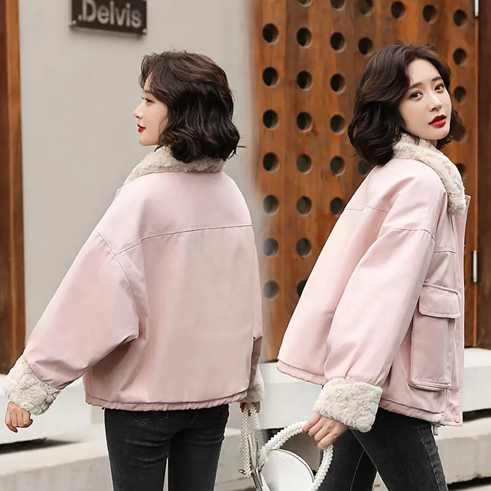 2023 Winter New Casual Women Short Parkas Warm Fur Spliced Long Sleeve Female Jacket Padded Cotton Jacket Coat Autumn Outerwear