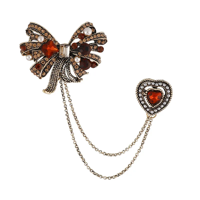 

Vintage Pearl Bow Tassel Chain Brooch Pins Heart-shaped Rhinestone Corsage Coat Suit Collar Wedding Party Jewelry Accessories