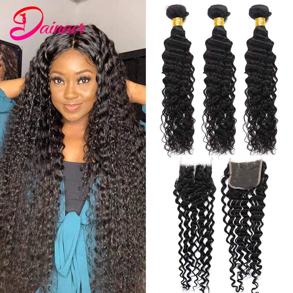 Brazilian Deep Curly Human Hair Bundles With Closure Natural Black Remy Hair Extensions With Closure 4x4 Closure With Bundles