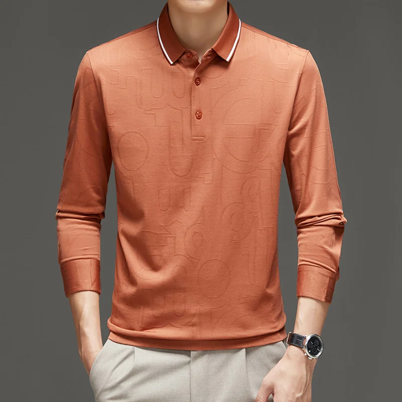 

Spring Lapel Mulberry Silk Long-Sleeved T-shirt Men's Trendy Cotton Printed Polo Shirt Business Casual Knitted Bottoming Shirt
