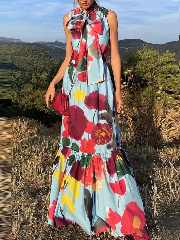 

Ретро новый праздничный стиль, нишевый дизайн, лето 2022, принт, воротник-стойка, без рукавов, сексуальное платье с повязкой на талии, тонкое пл...