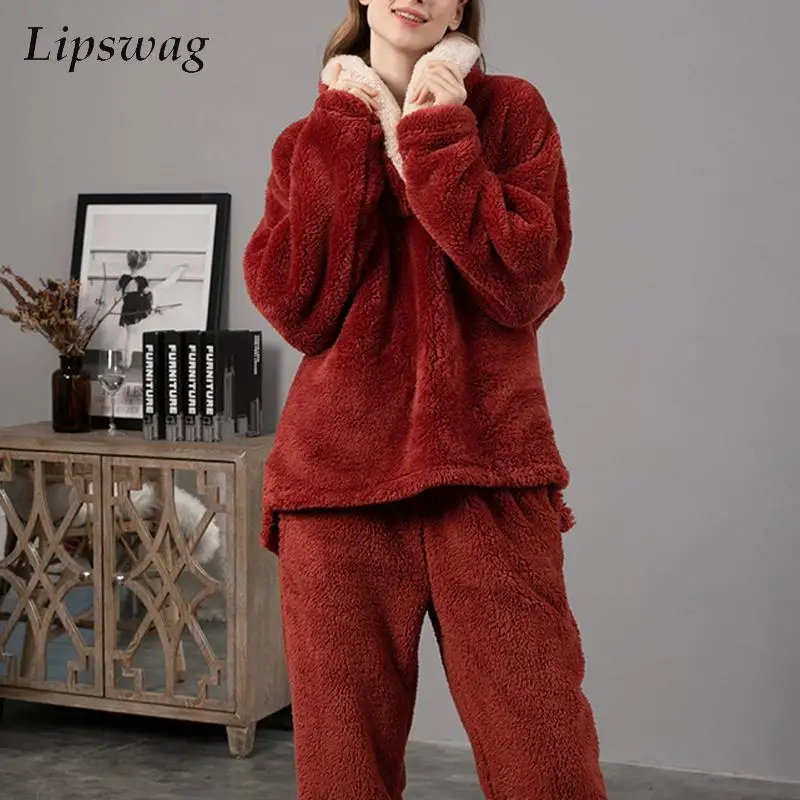 

Women Autumn Winter Pajamas Set Casual Fleece Warm Pants Sleepwear Suit Fashion Solid Long Sleeve Hooded Loose Pullover Homewear