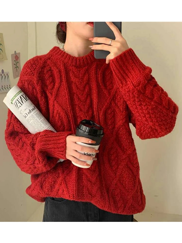 

Lazy Style Red Winter Student Retro Women Pullover Twist Sweater Loose oversize Knitted Outer Wear Thicken Warm Jumper 2022